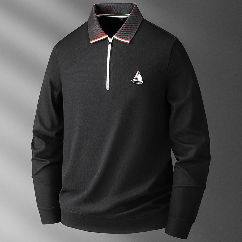 High-end Black Men's Half-zip Polo Shirt Stylish and Casual Embroidered Collared Long-sleeved T-shirt