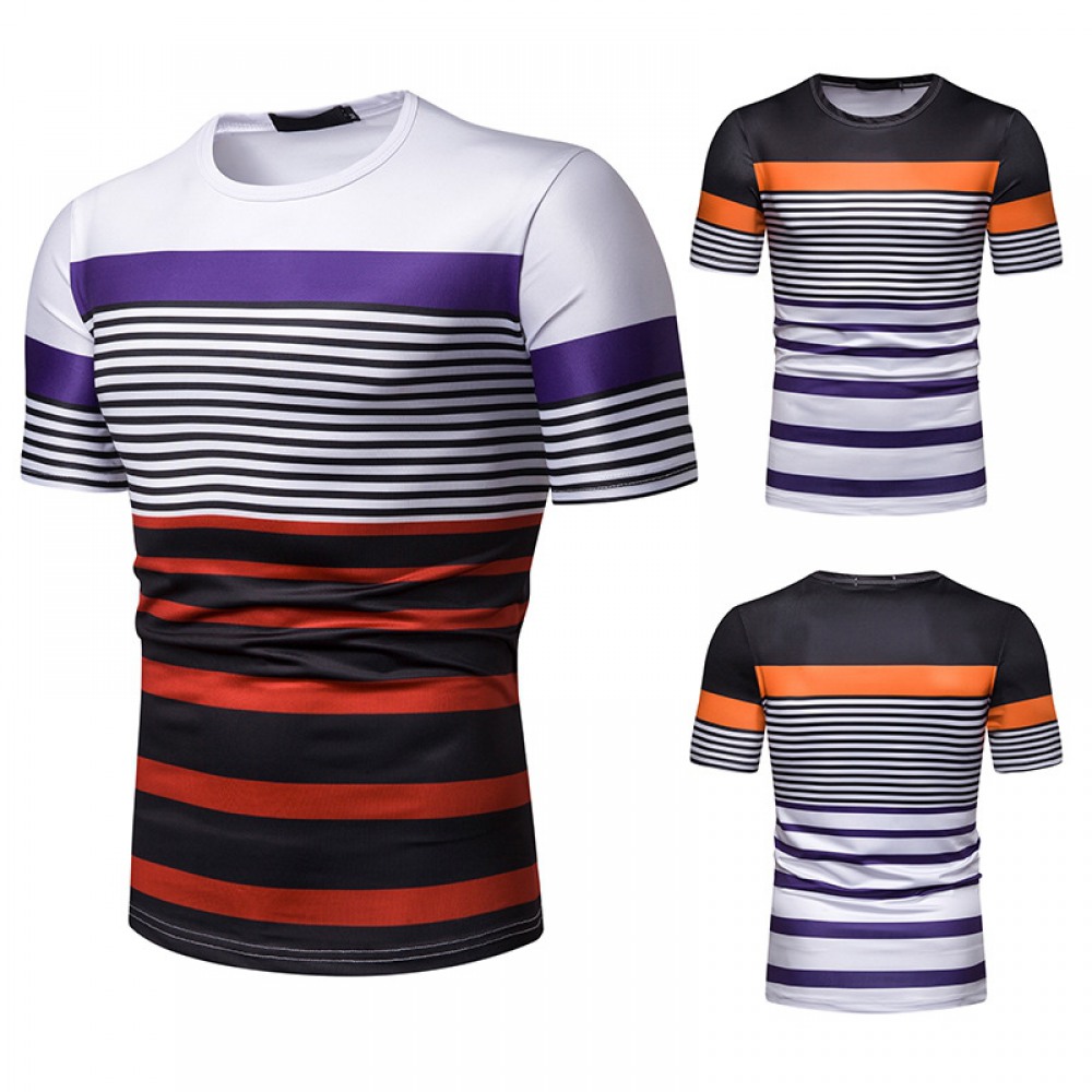 New Summer Men's Short-Sleeved T-Shirt Mens Contrast Striped Slim Casual T-Shirt